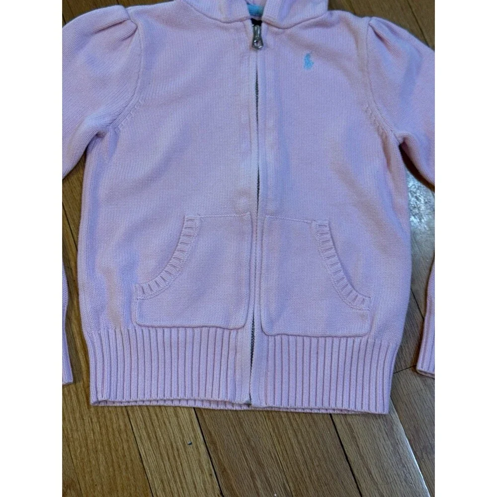 Ralph Lauren Girls Zip Up Knit Cardigan Sweater Size 6x Light Pink Hooded EUC